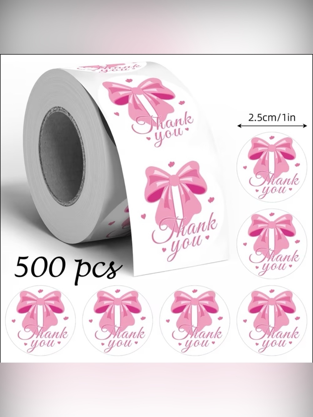 Thank You Pink Bow Sticker Roll - 500 pcs